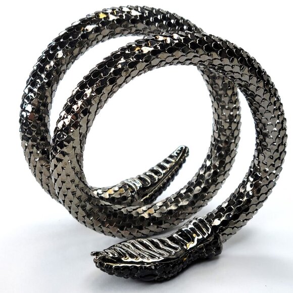Vintage Mesh Black Rhinestone 3 Coil Serpent SIlver Snake Bracelet - Picture 3 of 12